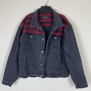 Liquor n Poker Black Denim Trucker Jacket Red Black Plaid Yoke 100% Cotton Large